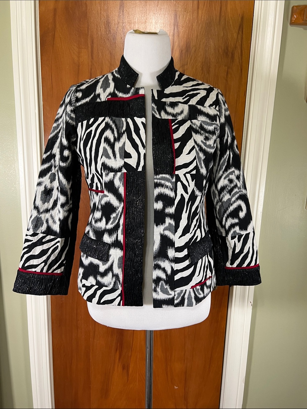 Chico's Black and White Zebra-Print Jacket with Red Trim